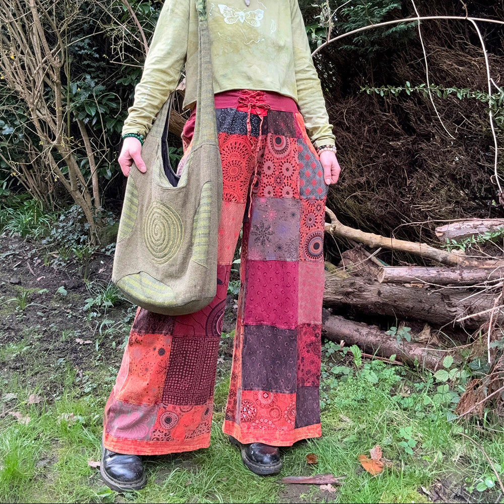 Tie Front Forest Folk Earthy Printed Patchwork Palazzo Wide Leg Trousers