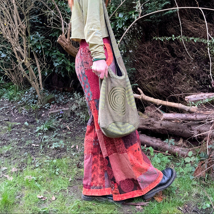 Tie Front Forest Folk Earthy Printed Patchwork Palazzo Wide Leg Trousers