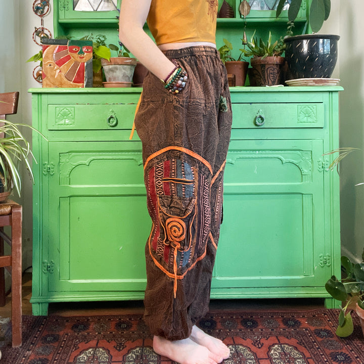 Stonewash & Thai Weave Hippie Trousers - Fair Trade Loose Fit Harem Earthy Tones Pants