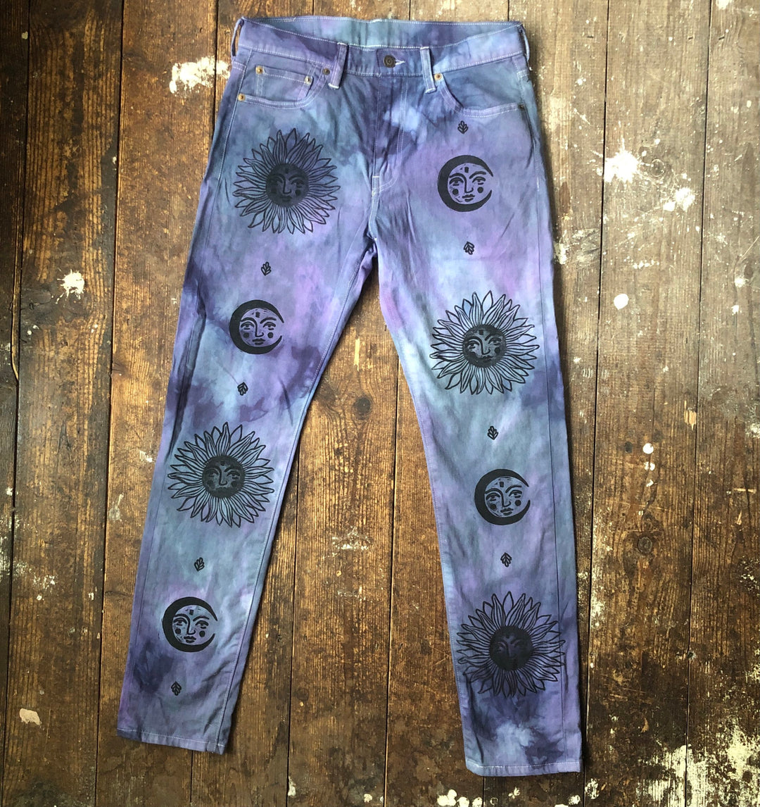 Up Cycled Celestial Levis 510 Jean, Custom Hand Dyed &amp; Block Printed Sun &amp; Moon Size W30 L32 (Approx UK 6-10)