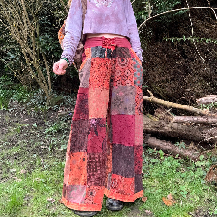 Tie Front Forest Folk Earthy Printed Patchwork Palazzo Wide Leg Trousers