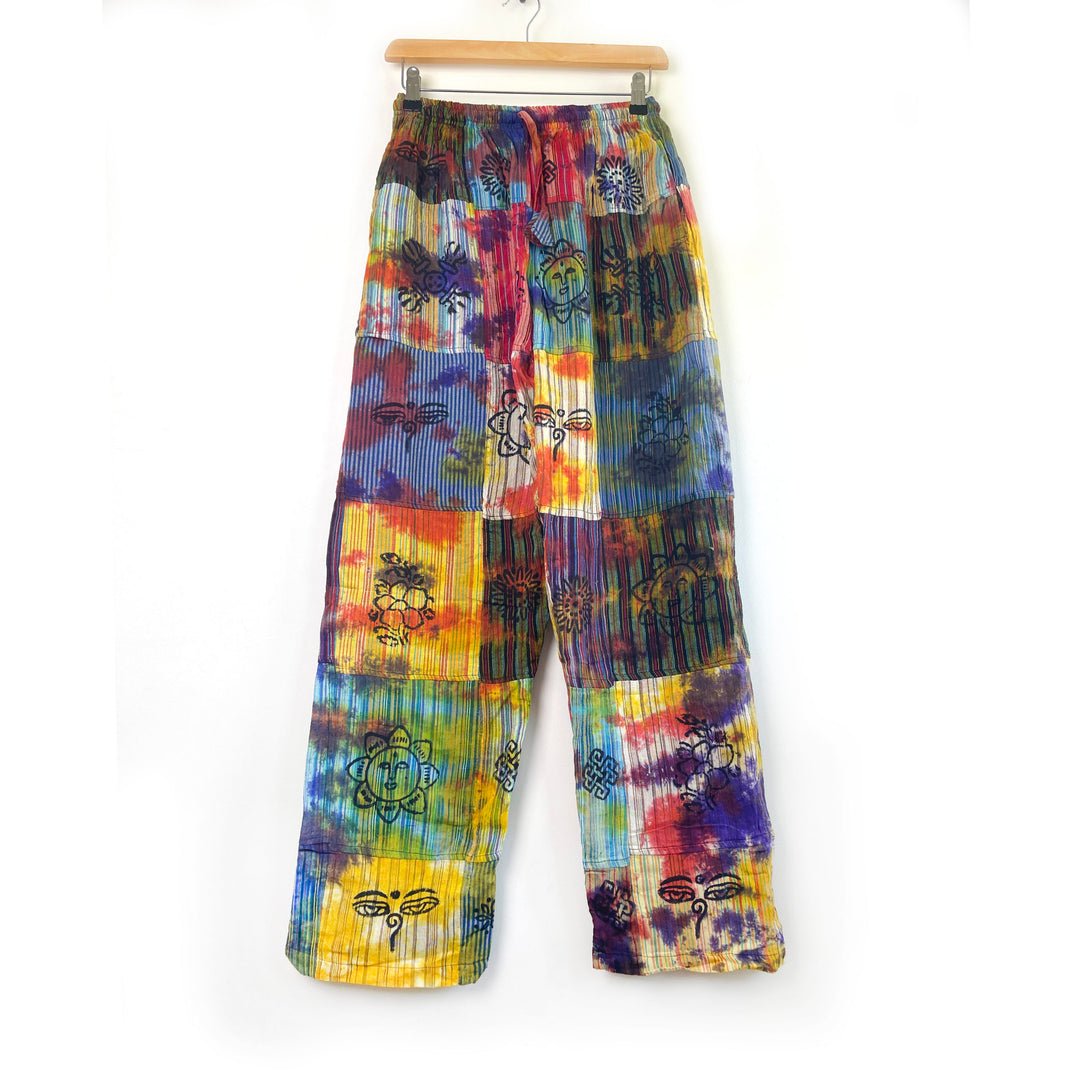 Explorer Patchwork Block Print Boho Hippie Trousers - Tie Dye Straight Leg Loose fit Cotton Nepalese Motif Pants