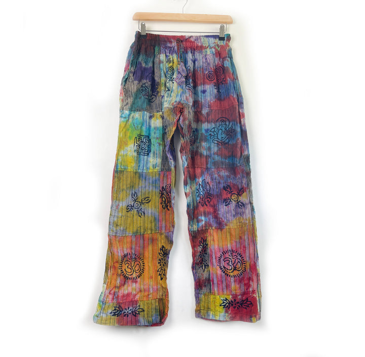 Explorer Patchwork Block Print Boho Hippie Trousers - Tie Dye Straight Leg Loose fit Cotton Nepalese Motif Pants