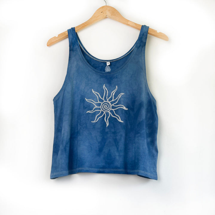The Explorer Ethical Reef Camisole - Hand Dyed & Block Printed, Fair Trade, Organic, Vegan and Climate Neutral Hippie Blue Sun Print Top