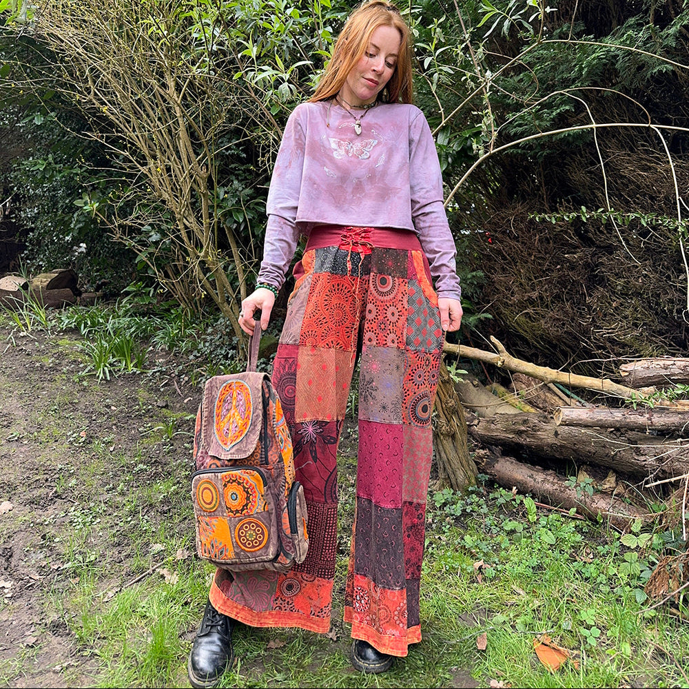 Tie Front Forest Folk Earthy Printed Patchwork Palazzo Wide Leg Trousers
