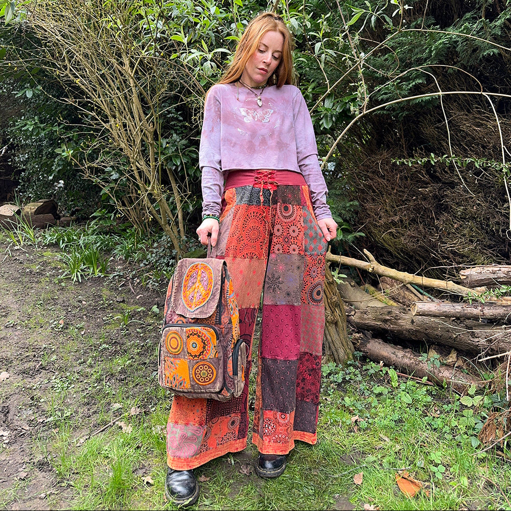 Tie Front Forest Folk Earthy Printed Patchwork Palazzo Wide Leg Trousers
