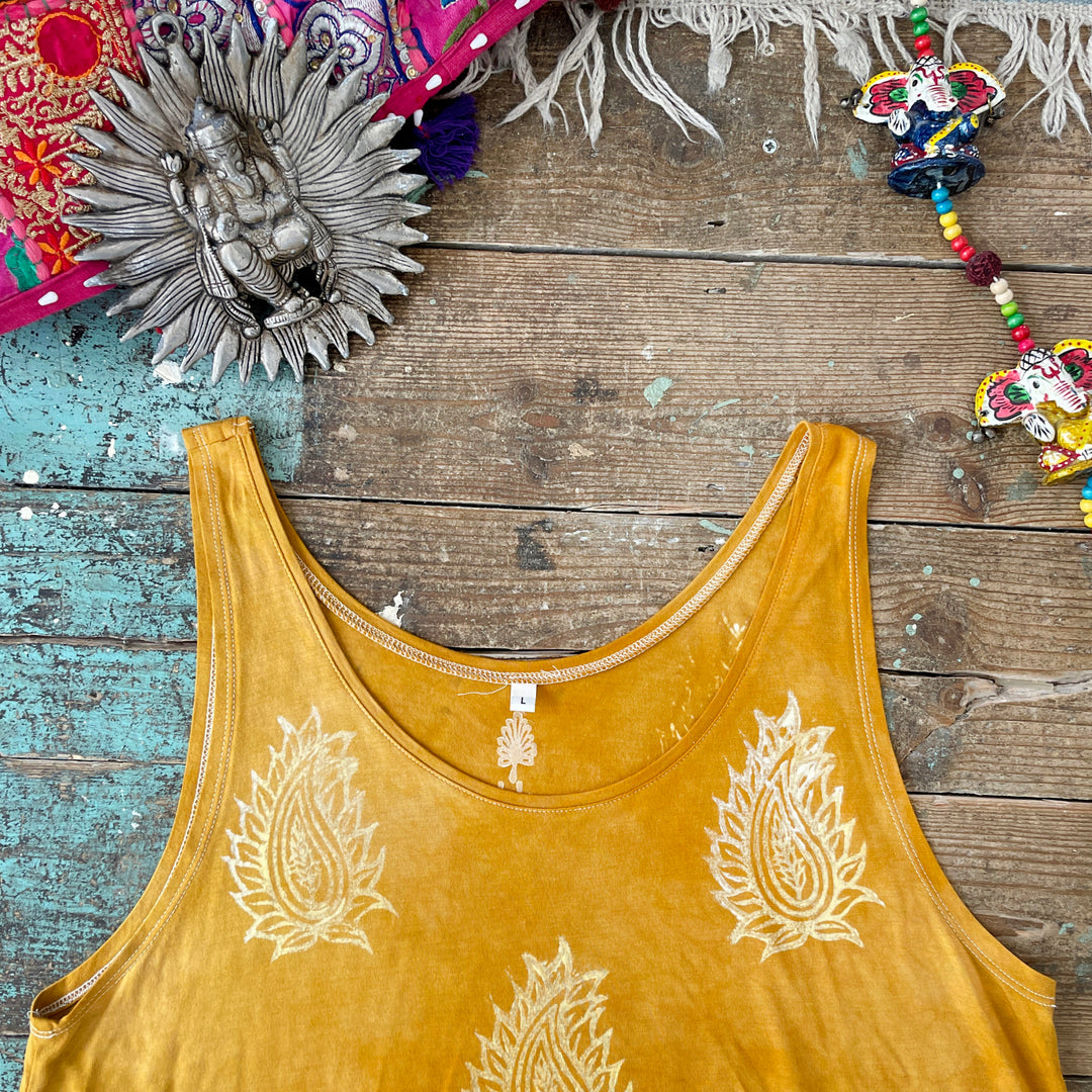 Turmeric Root Ethical Camisole - Hand Dyed & Block Printed, Fair Trade & Climate Neutral Hippie Paisley Print Top