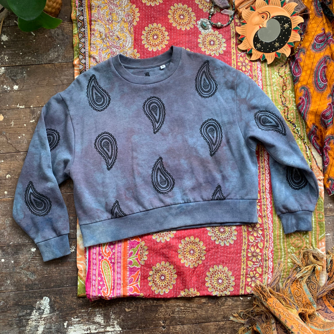 Drishti Ethical Sweater - Hand Dyed &amp; Block Printed, Organic, Fair Trade, Climate Neutral, Paisley Print Boho Sweatshirt
