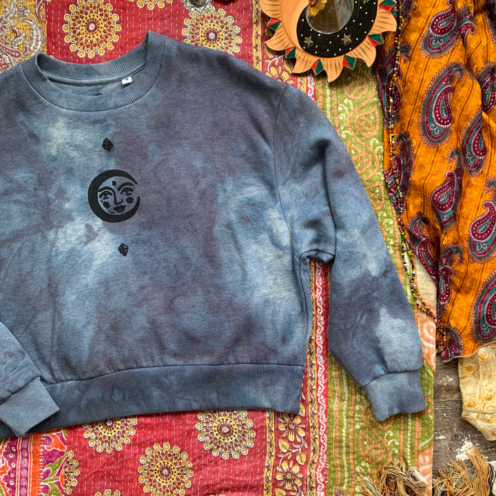 Psychedelic Moon Ethical Sweater - Hand Dyed & Block Printed, Organic, Fair Trade, Climate Neutral Womens Hippie Moon Sweatshirt