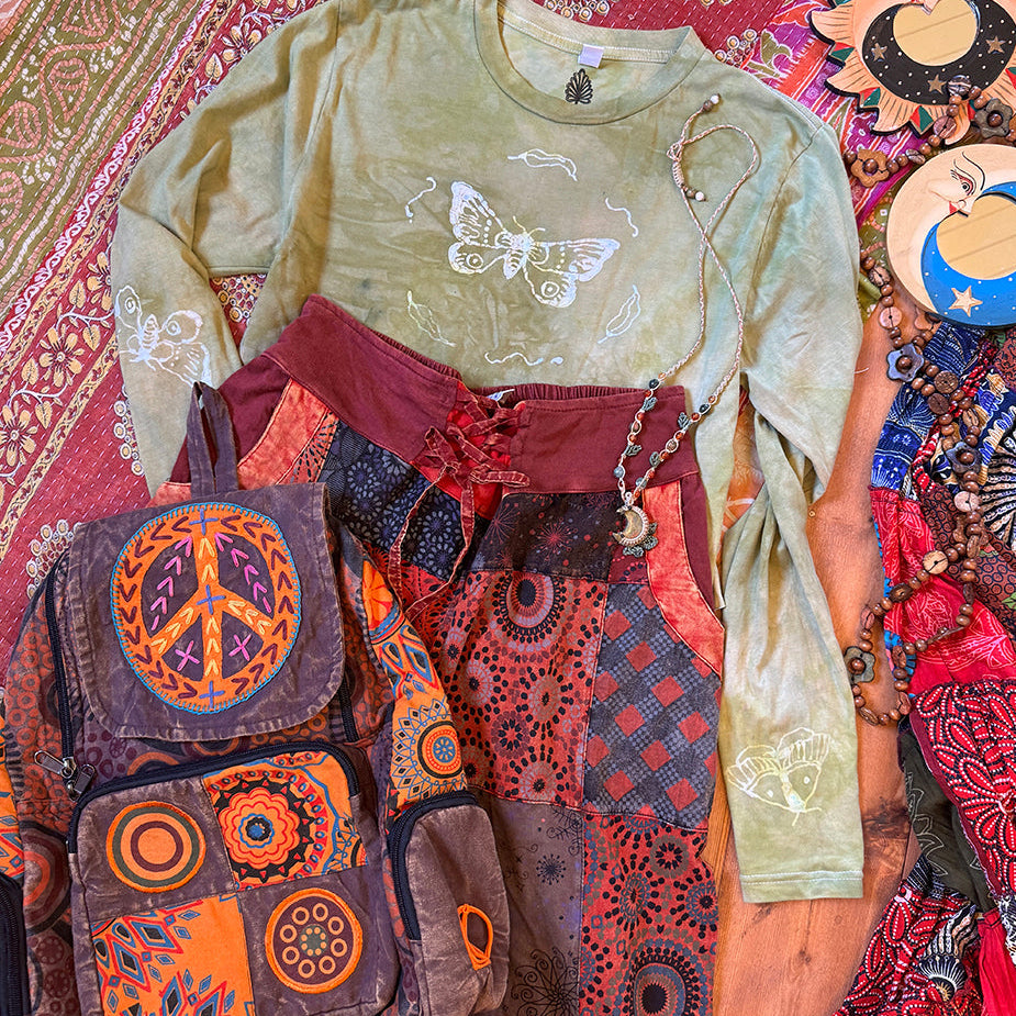 Tie Front Forest Folk Earthy Printed Patchwork Palazzo Wide Leg Trousers