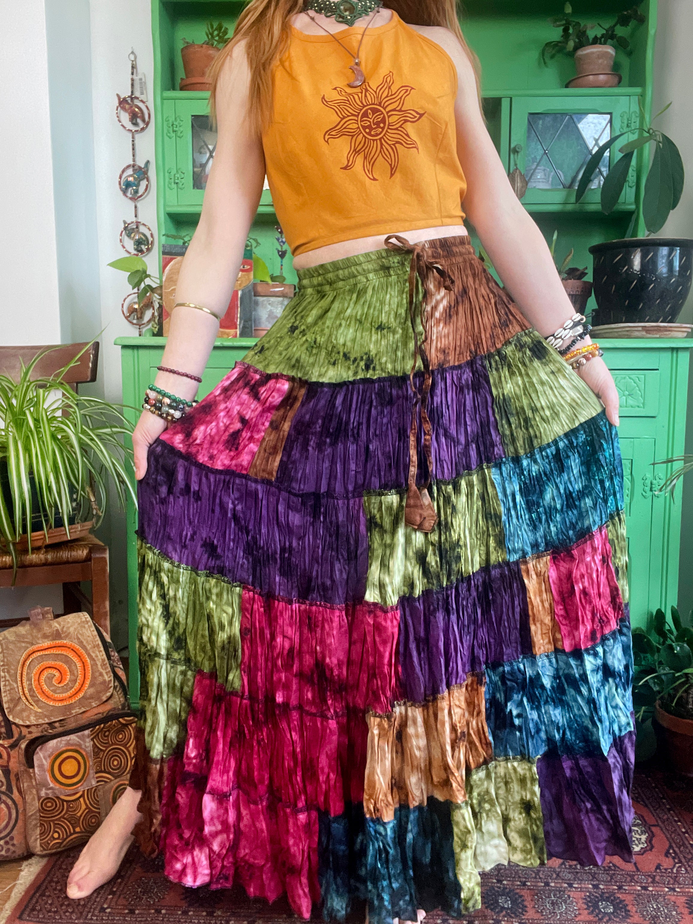 【COLOR iN ID】Hippie lace skirt y2k Printed Green Midi Skirts Retro Kawaii Lace Up Long