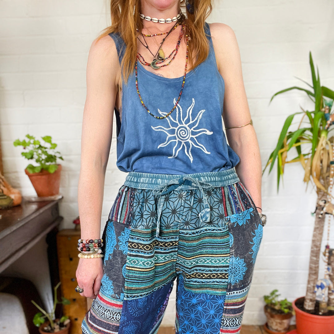 Thai Weave & Stonewash Patchwork Ocean Reef Tones Fair Trade Boho Hippie Trousers - Harem Straight Leg Loose fit Cotton One Size Blue Pants