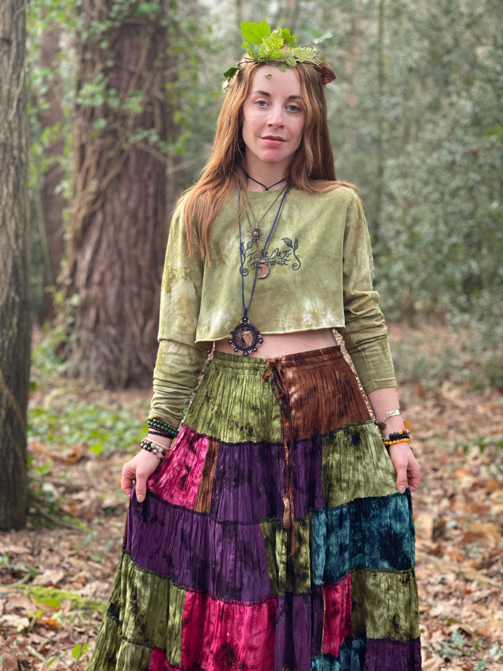 Take Me To The Forest Ethical Long Sleeve Crop T-Shirt - Moss Green - Hand dyed & Block Printed, Vegan, Organic & Fair Trade