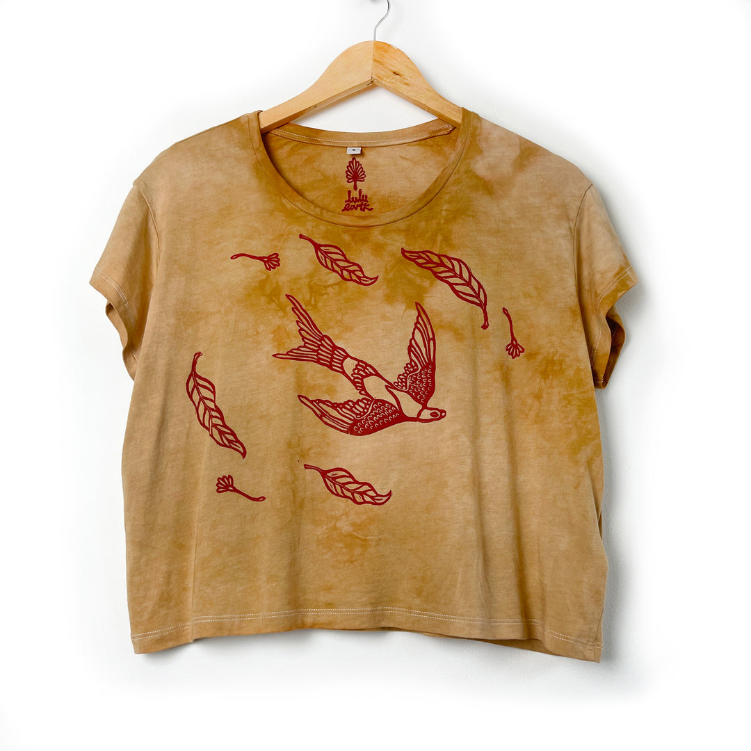 Okawara Bird Migration - Ethical Boxy Fit T-Shirt in Ochre, Hand Dyed & Block Printed, Organic Vegan, Fair Trade Top