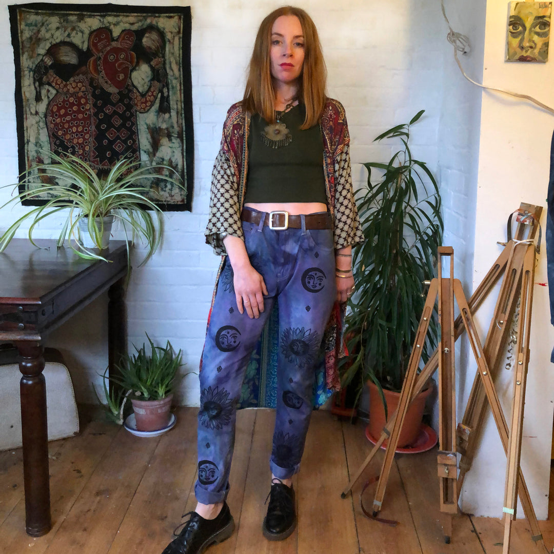 Up Cycled Celestial Levis 510 Jean, Custom Hand Dyed &amp; Block Printed Sun &amp; Moon Size W30 L32 (Approx UK 6-10)