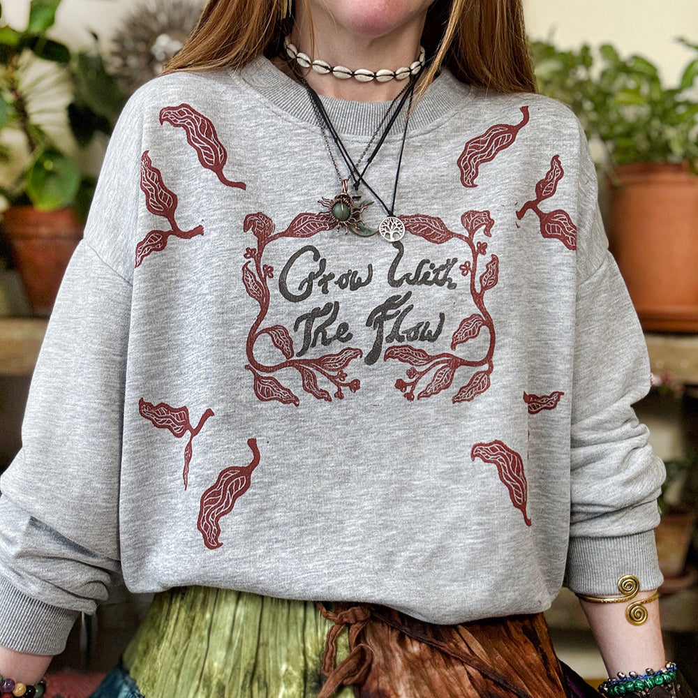 Grow With The FLow Sweater - Hand Printed Leaf Print, Organic Cotton, Fair Trade Sweatshirt