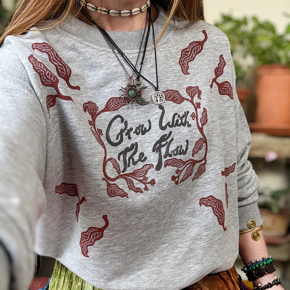 Grow With The FLow Sweater - Hand Printed Leaf Print, Organic Cotton, Fair Trade Sweatshirt