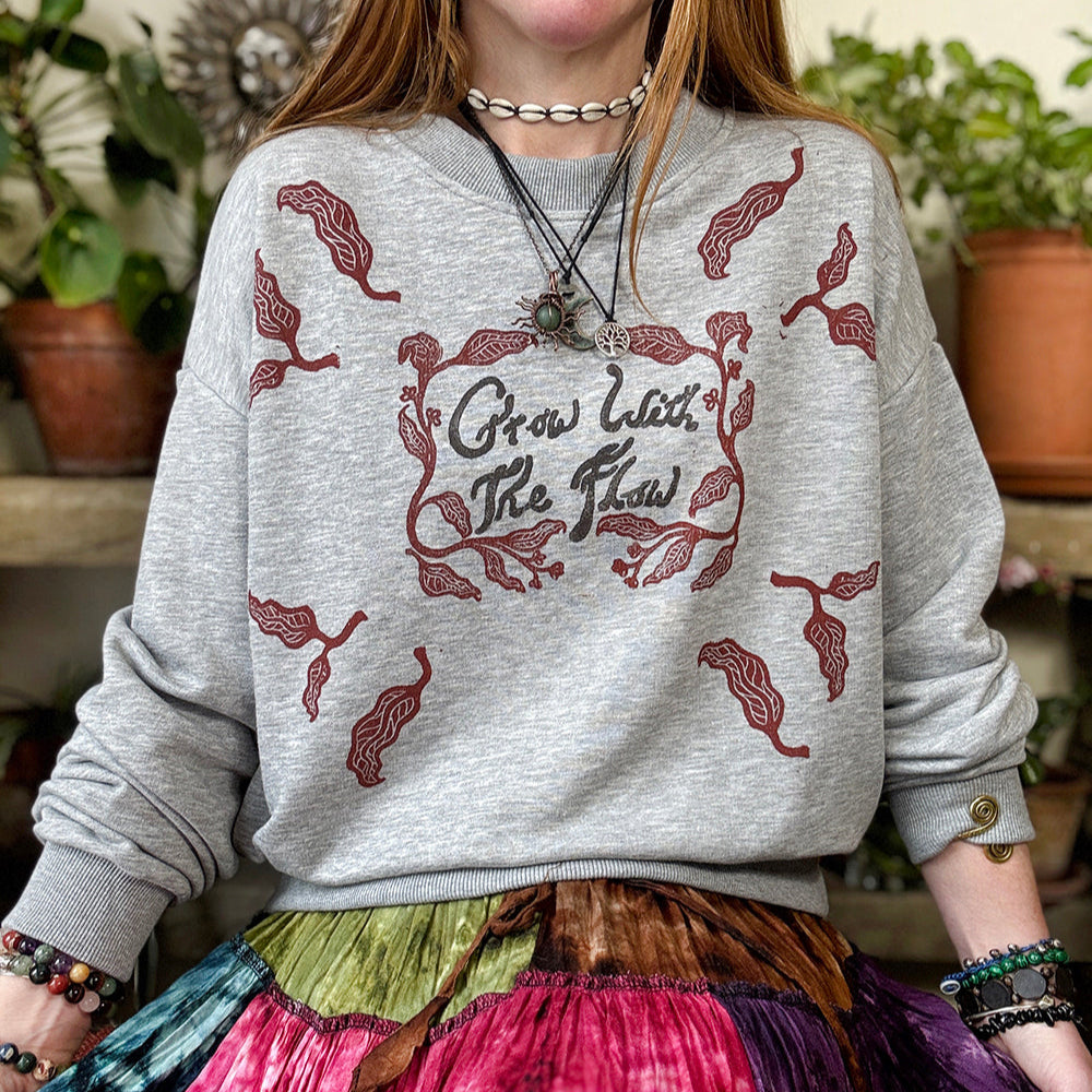 Grow With The FLow Sweater - Hand Printed Leaf Print, Organic Cotton, Fair Trade Sweatshirt