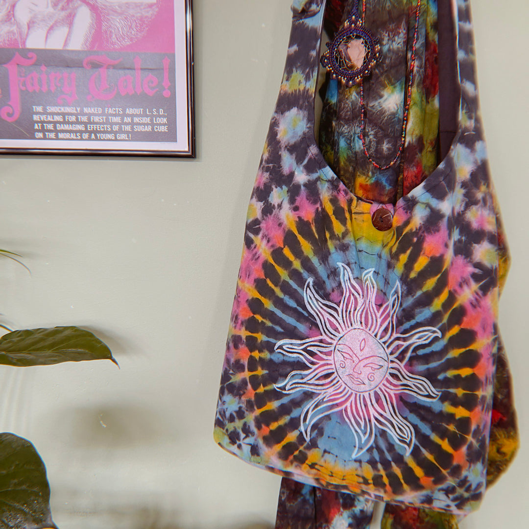 Saddhu Tripper - Slouchy Shoulder Rainbow Sun Bag, Fair Trade & Block Printed, Long Strap Hippie 90s Style Bag