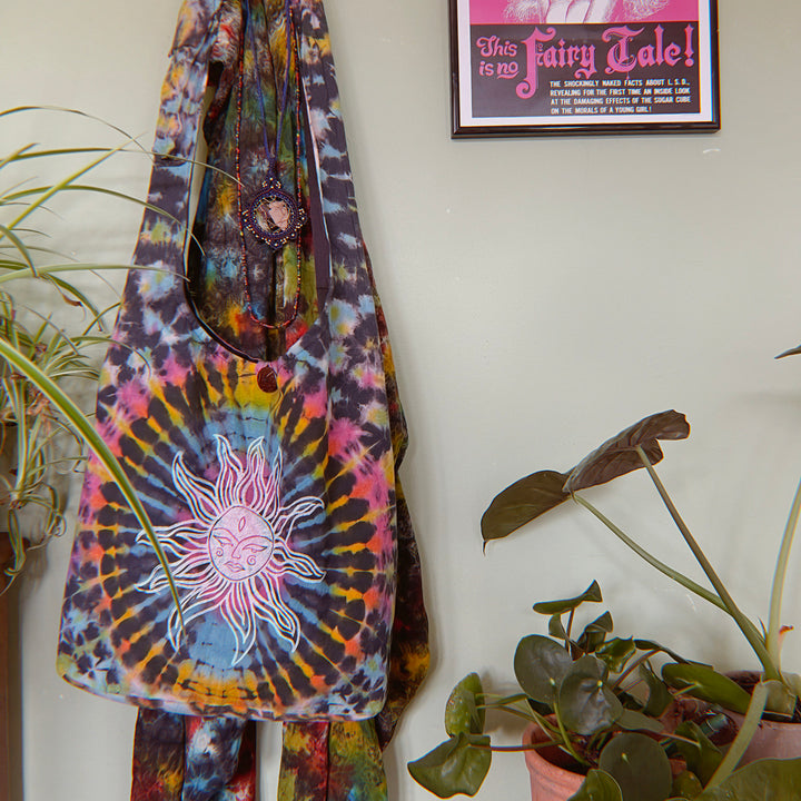 Saddhu Tripper - Slouchy Shoulder Rainbow Sun Bag, Fair Trade & Block Printed, Long Strap Hippie 90s Style Bag