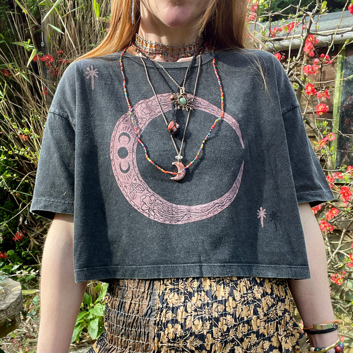Moon Craft, Black Boxy Fit Block Printed Ethical T-Shirt, Organic Vegan, Fair Trade