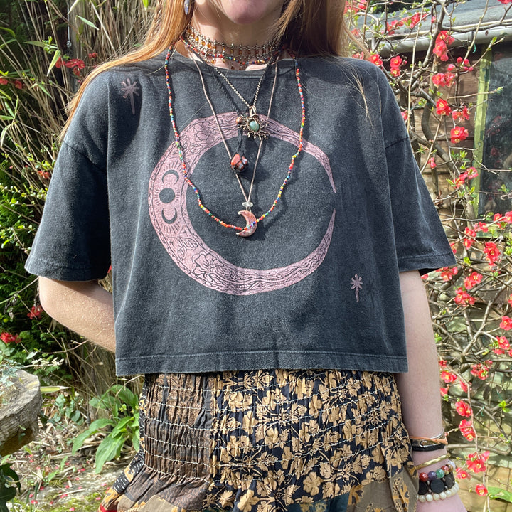 Moon Craft, Black Boxy Fit Block Printed Ethical T-Shirt, Organic Vegan, Fair Trade