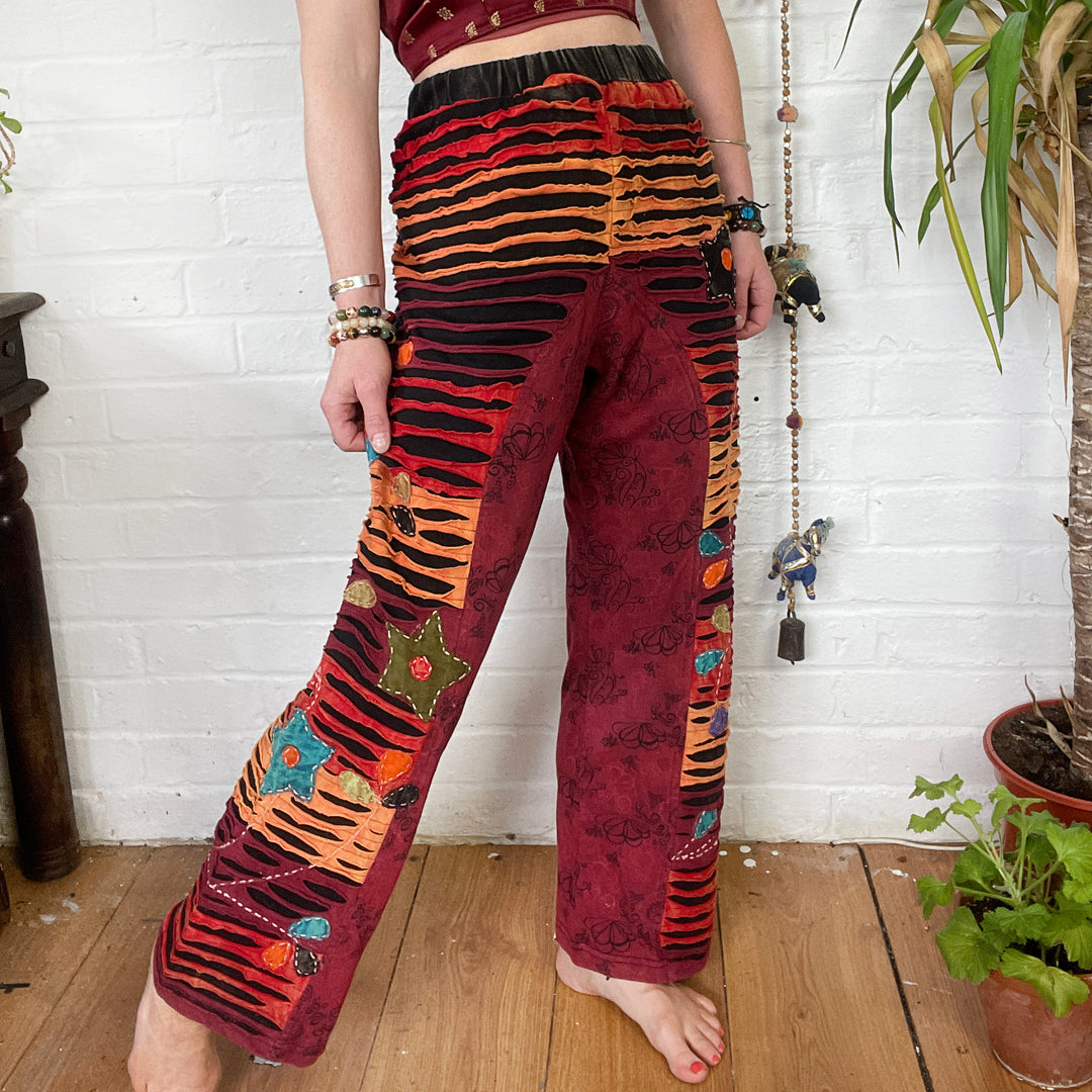 Fairy Flower Trousers - Hand Made Fair Trade Razor Cut Pants - Embroidered Flowers Rusty Red