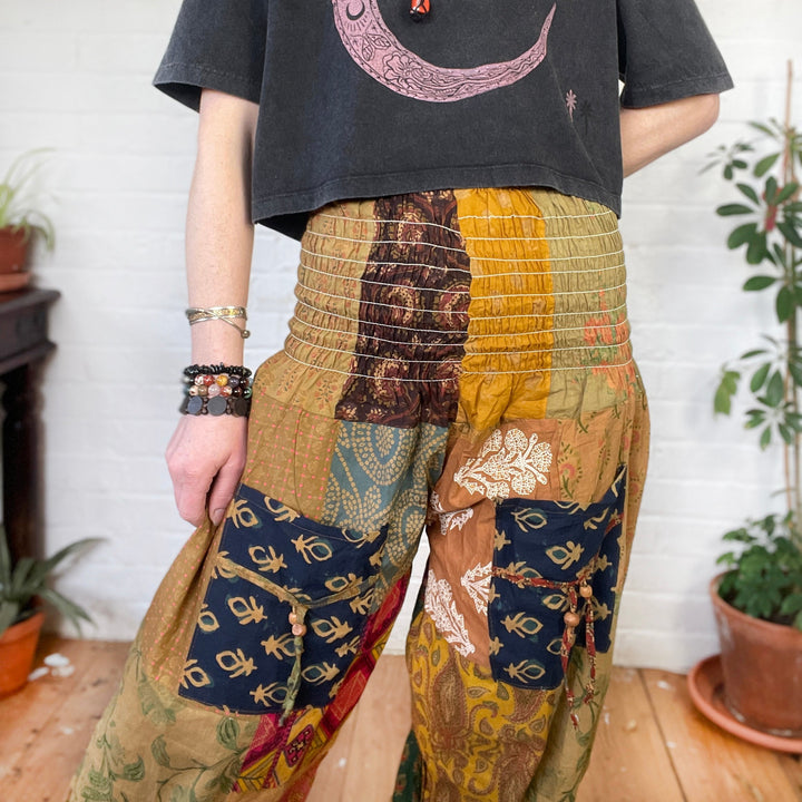 Indian Patchwork Earthy Tone Spring Harem Ruched Hippie Trousers Fair Trade One Size Loose Fit Pants