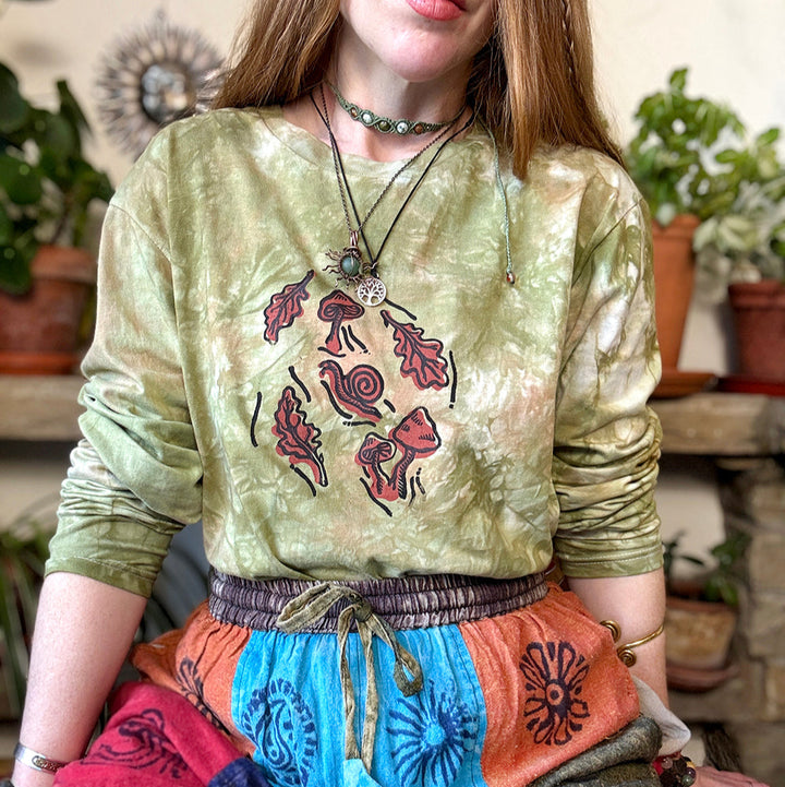 Under The Oak Tree, Ethical Long Sleeve T-Shirt in Earthy Moss Green, Block Printed, Vegan, Organic & Fair Trade