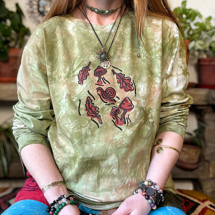 Under The Oak Tree, Ethical Long Sleeve T-Shirt in Earthy Moss Green, Block Printed, Vegan, Organic & Fair Trade