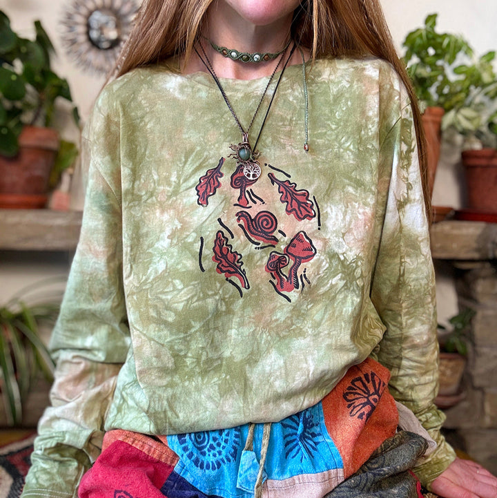 Under The Oak Tree, Ethical Long Sleeve T-Shirt in Earthy Moss Green, Block Printed, Vegan, Organic & Fair Trade