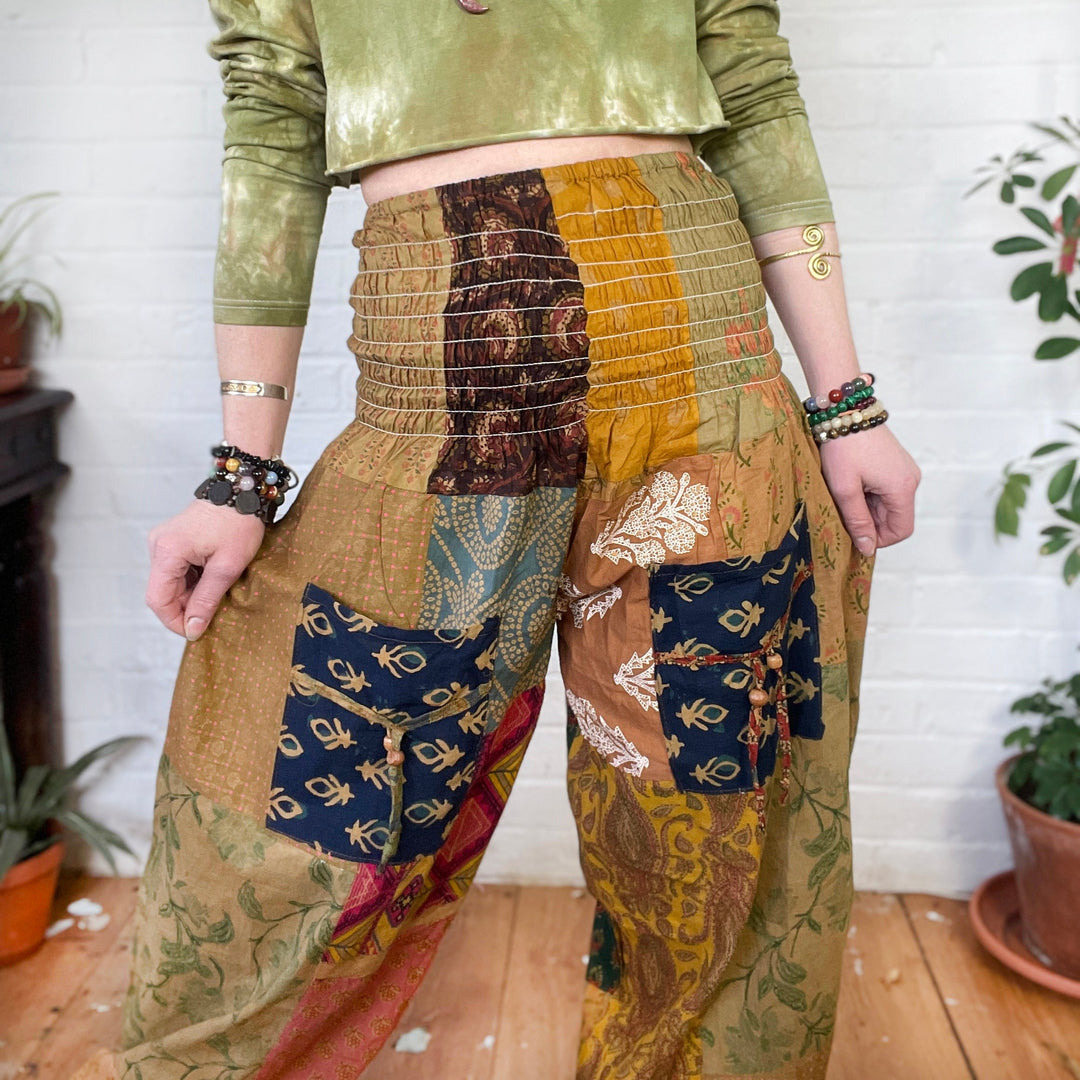 Indian Patchwork Earthy Tone Spring Harem Ruched Hippie Trousers Fair Trade One Size Loose Fit Pants