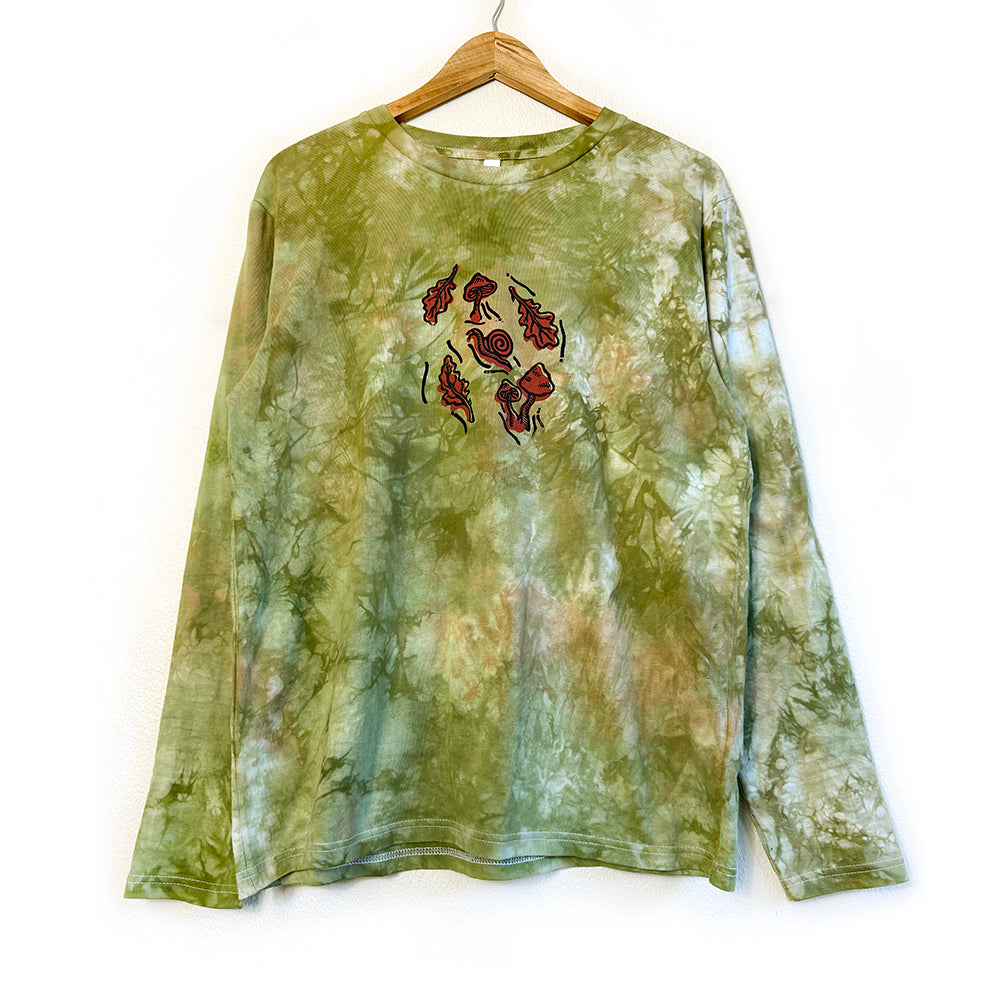 Under The Oak Tree, Ethical Long Sleeve T-Shirt in Earthy Moss Green, Block Printed, Vegan, Organic & Fair Trade