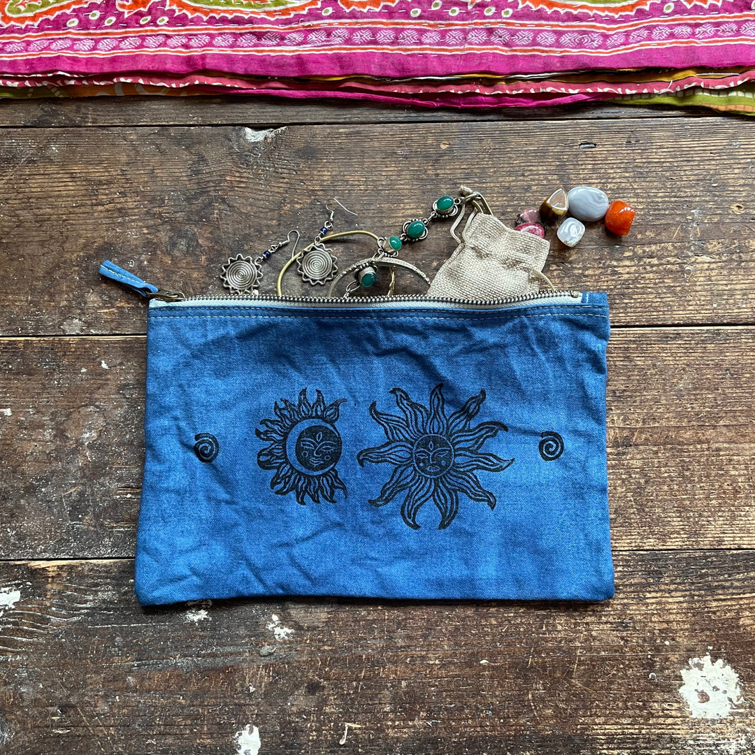 Tarot Moon & Sun Organic Canvas Pouch, Hand Printed Celestial Blue Hippie Makeup Bag Travel Zip up Bag Gift Idea