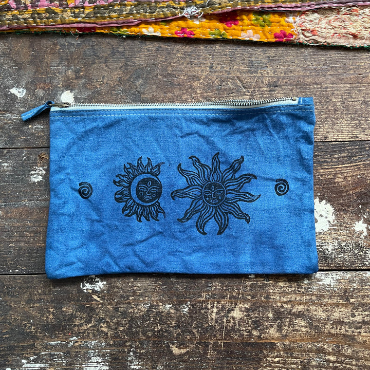 Tarot Moon & Sun Organic Canvas Pouch, Hand Printed Celestial Blue Hippie Makeup Bag Travel Zip up Bag Gift Idea
