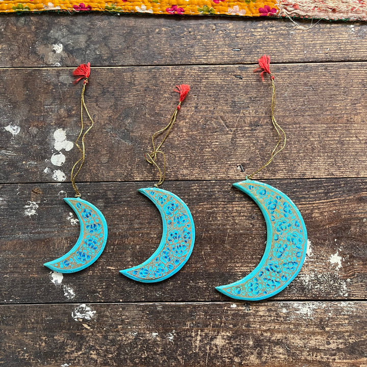 Christmas Festive Moon Baubles Hand Painted Ethnic Bohemian, Blue Moon Fair Trade Set of 3 Hanging Decorations Gift Idea