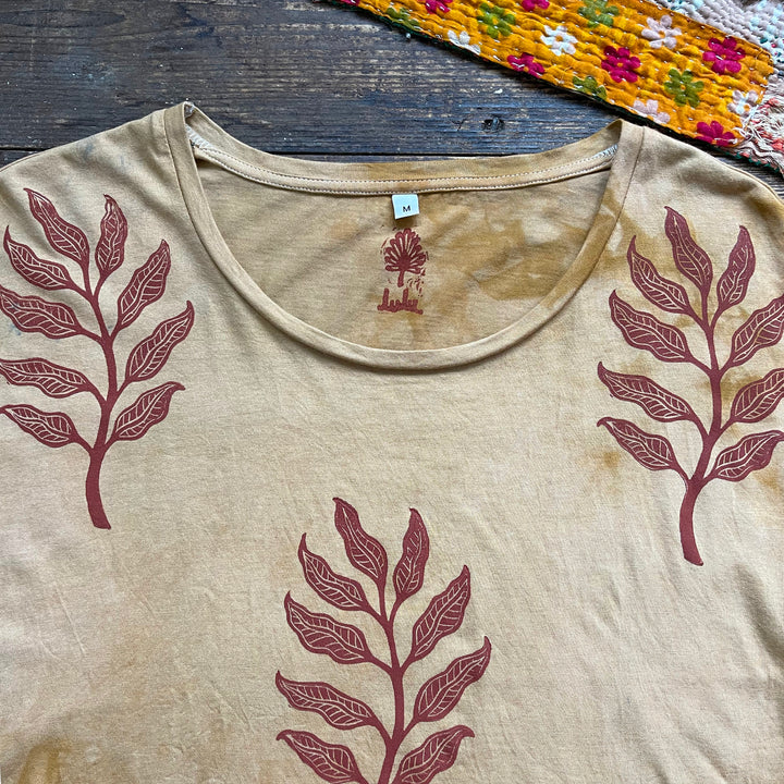 Arogya Sprig Ethical Boxy Fit T-Shirt in Ochre, Hand Dyed & Block Printed, Organic Vegan, Fair Trade Top