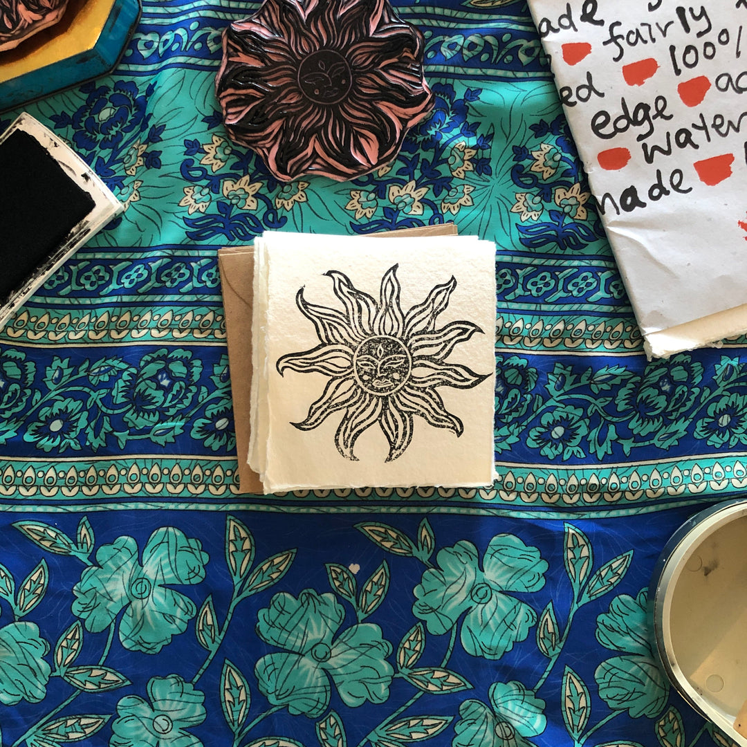 Sun Salutation Hand Printed Greetings Card, Set of 5 Khadi Rag Paper Block Printed Cards & Envelopes