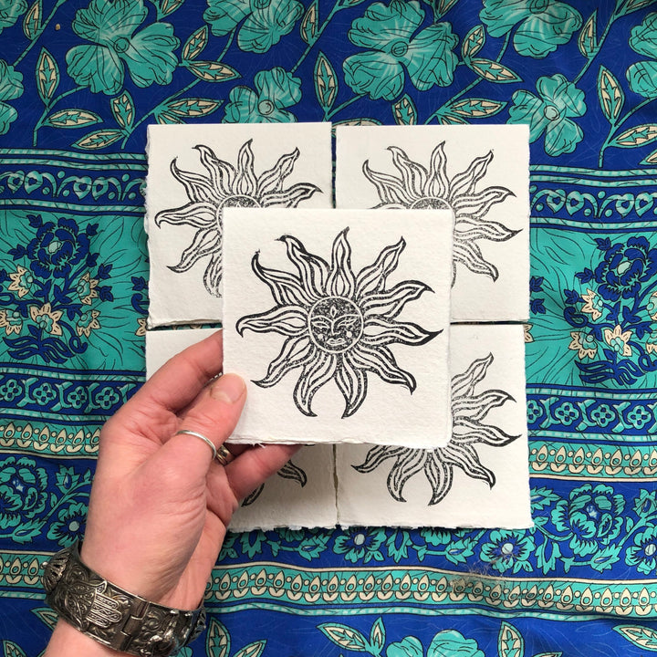 Sun Salutation Hand Printed Greetings Card, Set of 5 Khadi Rag Paper Block Printed Cards & Envelopes