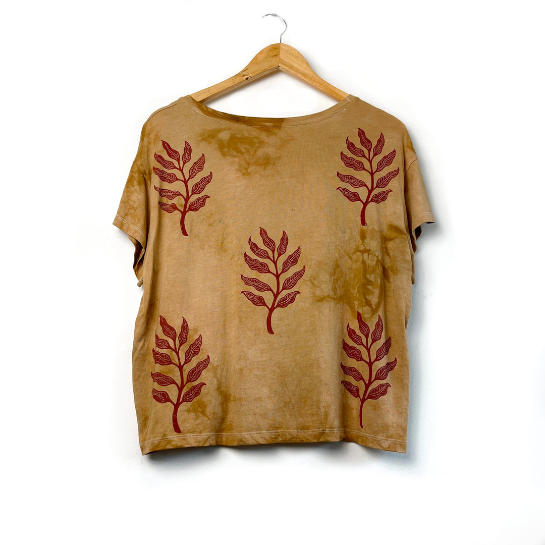 Arogya Sprig Ethical Boxy Fit T-Shirt in Ochre, Hand Dyed & Block Printed, Organic Vegan, Fair Trade Womens Top