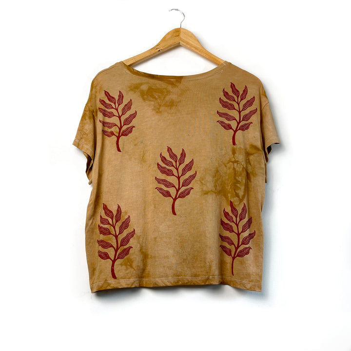 Arogya Sprig Ethical Boxy Fit T-Shirt in Ochre, Hand Dyed & Block Printed, Organic Vegan, Fair Trade Top