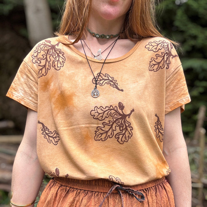Oak Spring Boxy Fit T-Shirt in Ochre Earth, Hand Dyed & Block Printed, Organic Vegan, Fair Trade Hippie Top
