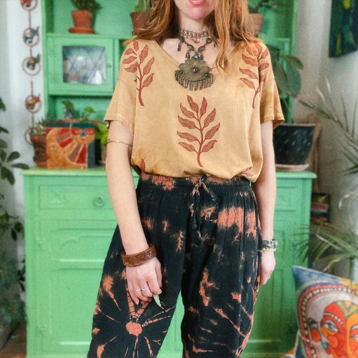 Tie Dye Cotton Harem Style Trousers - Hand Made Fair Trade Rusty Orange Loose Fit Hippie Boho Unisex Pants One Size