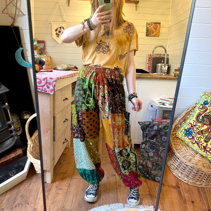 Indian Patchwork Thifted Mix Harem Hippie Trousers Fair Trade One Size Loose Fit Pants