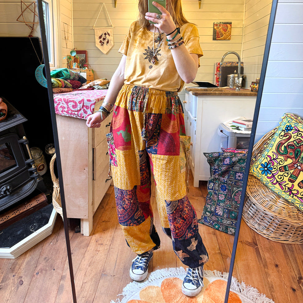 Indian Patchwork Islander Harem Hippie Trousers Fair Trade One Size Loose Fit Pants
