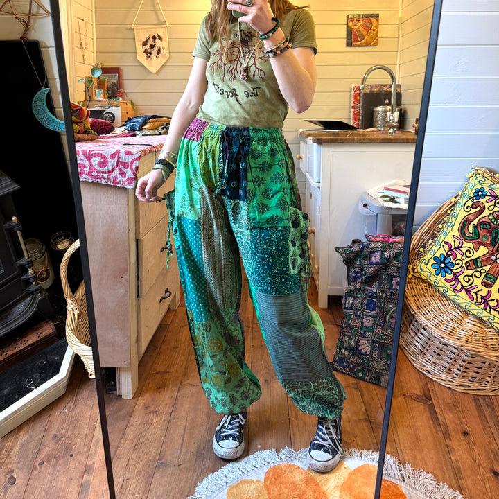 Indian Patchwork Mermaid Green Harem Hippie Trousers Fair Trade One Size Loose Fit Pants