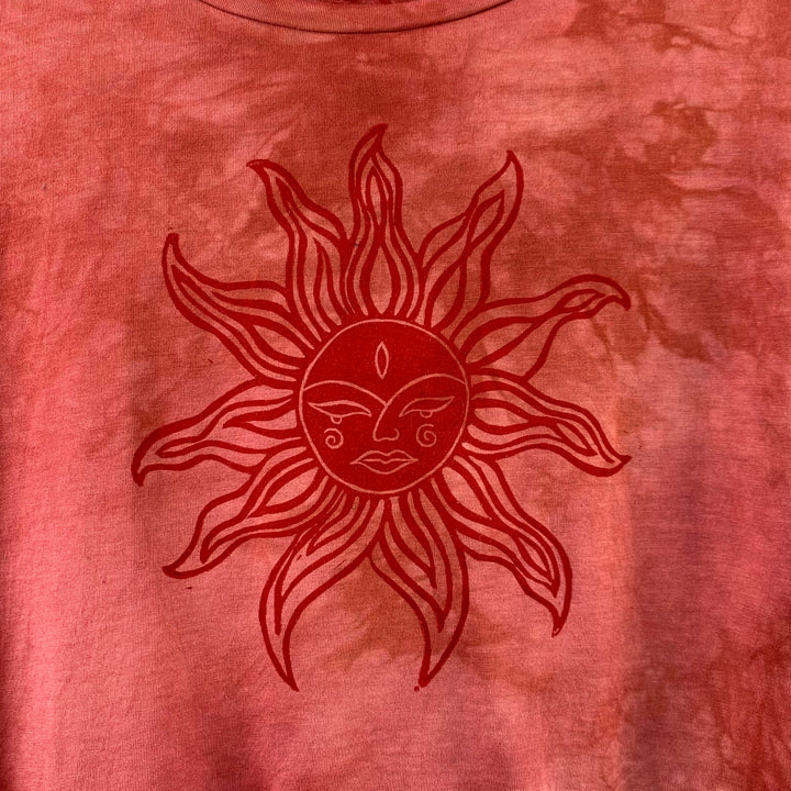 Sun Salutation Boxy Fit Ethical Tee, Hand Dyed Red Clay, Block Printed Giant Sun, Fair Trade, Vegan & Organic T-Shirt