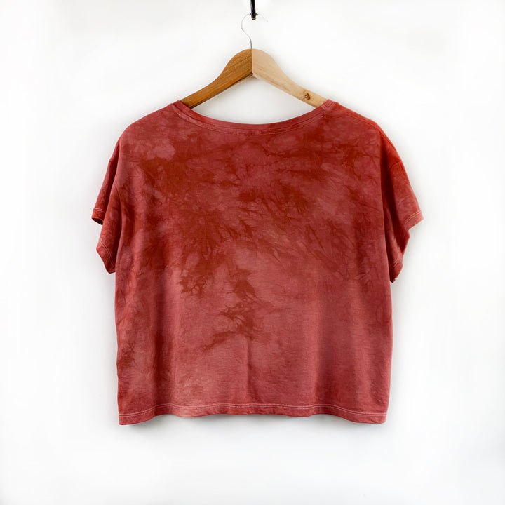 Sun Salutation Boxy Fit Ethical Tee, Hand Dyed Red Clay, Block Printed Giant Sun, Fair Trade, Vegan & Organic T-Shirt