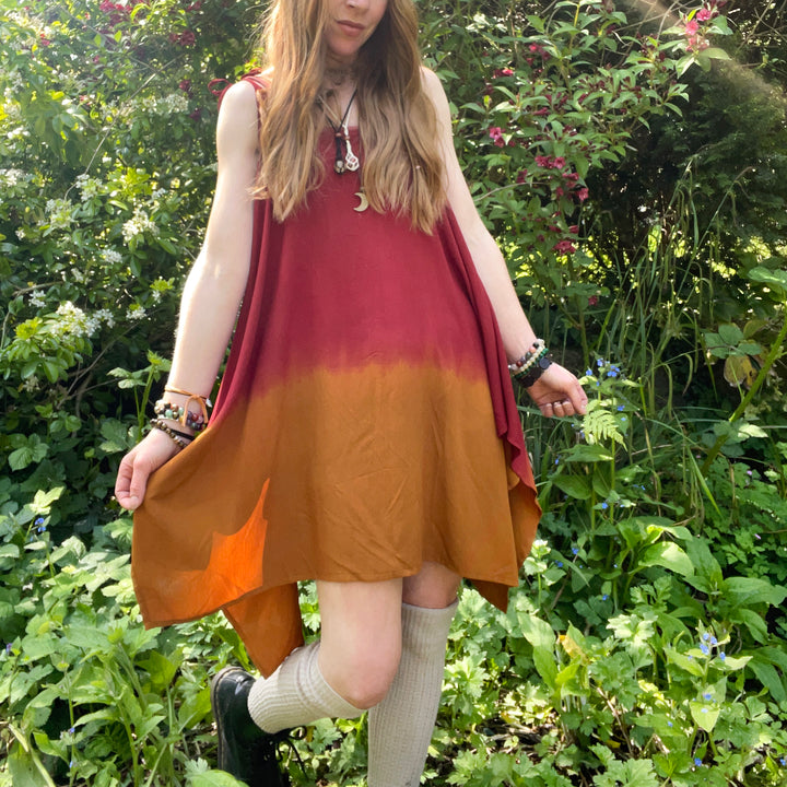 Canopy Ombre Kaftan Dress - Handmade Earthy Ochre and Maroon Tones Free Size Strappy Dress