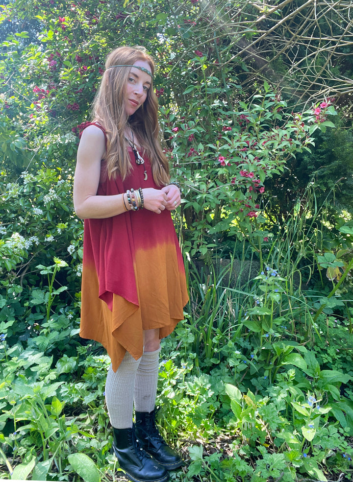 Canopy Ombre Kaftan Dress - Handmade Earthy Ochre and Maroon Tones Free Size Strappy Dress